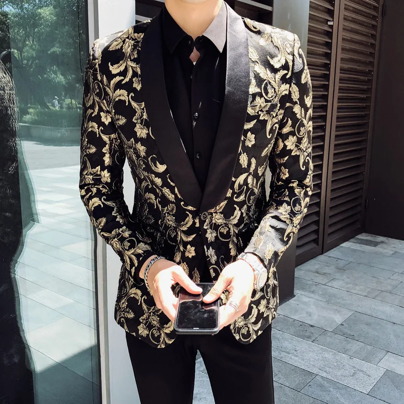 Роскошный мужской блейзер с золотым принтом британский стиль деловой выпускной