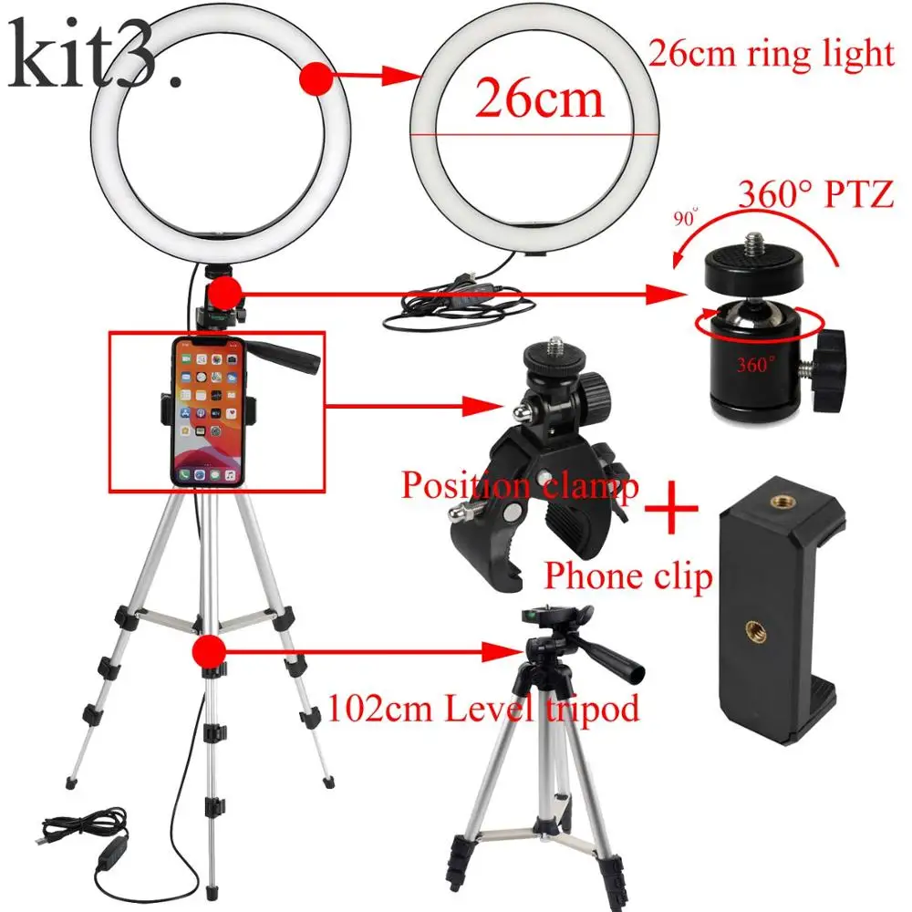 Kit 3 Светодиодный кольцевой светильник для фотосъемки камеры кольцевой светильник студийный кольцевой светильник для видеосъемки портретный макияж с зажимом для телефона штатива - Цвет: Kit 3