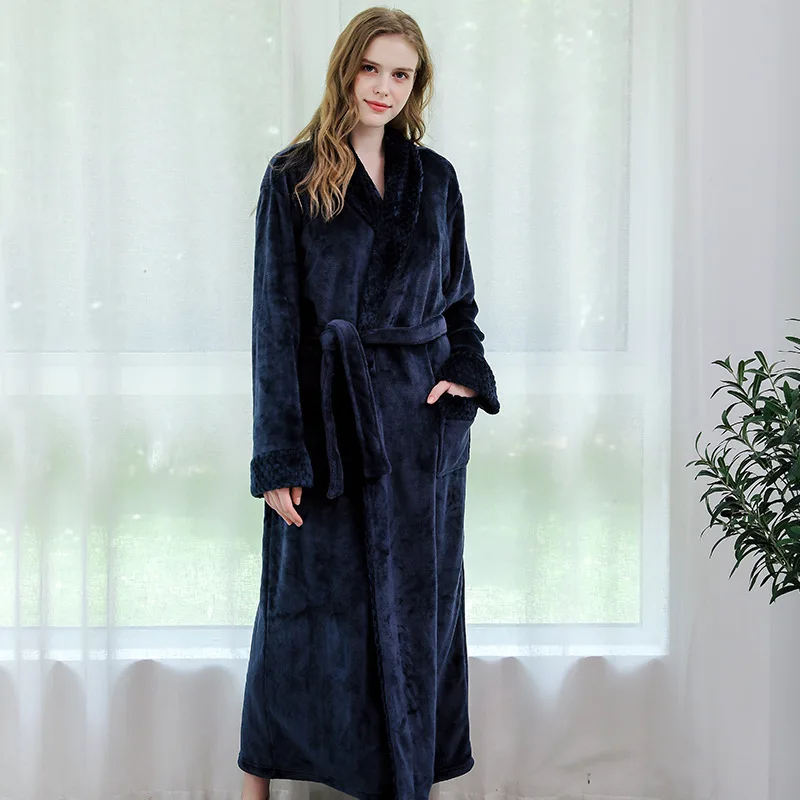 Navy Blue woman Утреннее платье, Мужская одежда для сна, фланелевая сшитая ночная рубашка, осень/зима, длинная, XL, толстая, Мужская/Женская, парная Пижама, банный Халат - Цвет: Navy Blue woman