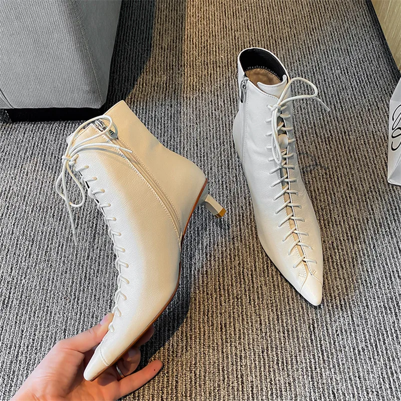 

ANNYMOLI Genuine Leather Mid Heel Short Boots Ankle Boots Women Shoes Pointed Toe Thin Heels Zip Lace Up Lady Boots Beige 33-40