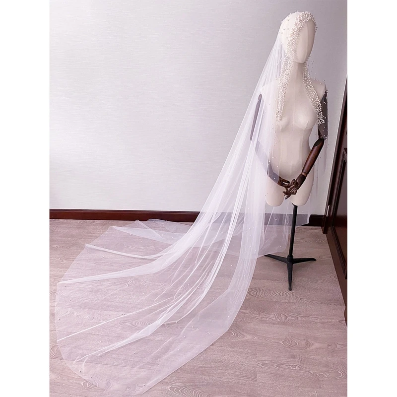 

Korean Romantic 3m Trailing Cathedral Wedding Veil One-Layer Mesh Tulle Face Cover Imitation Pearl Beading Jewelry Bridal Hair A