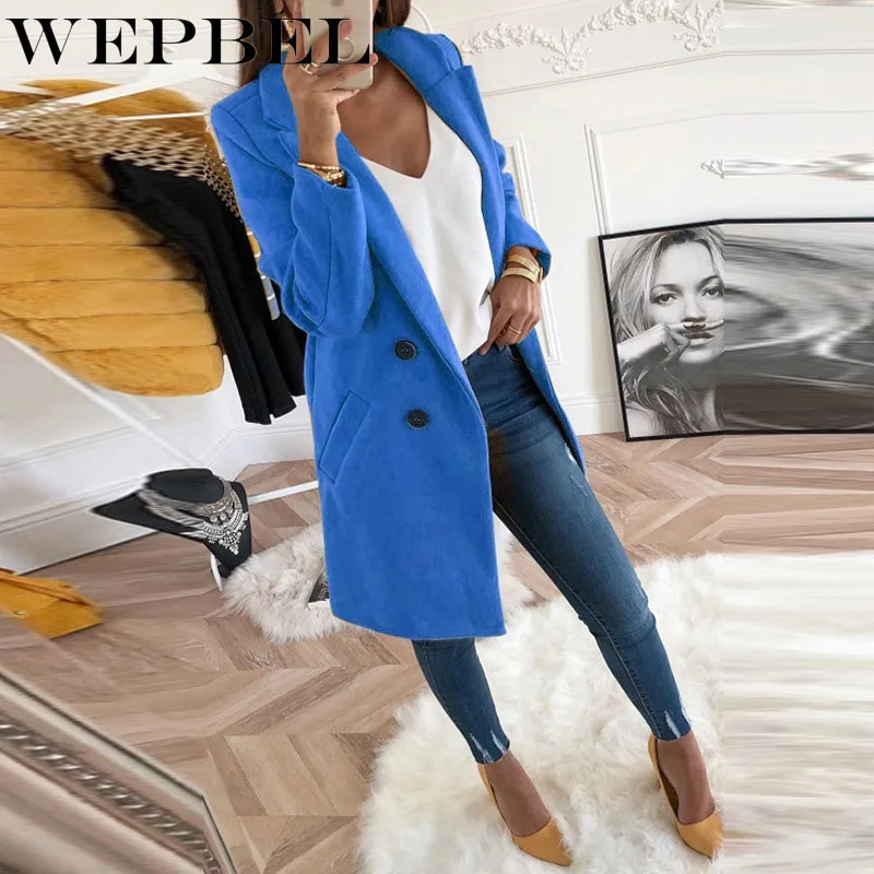 

WEPBEL Women Lapel Blazers Jacket Ladies Double Breasted Long Coat Winter Woolen Overcoat Female Blazers Suits Plus Size