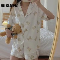 wikisspjs pajamas womens cute sleeve shorts kawaii two piece set summer loungewear sleep tops bear cub cartoon pjs jporigin