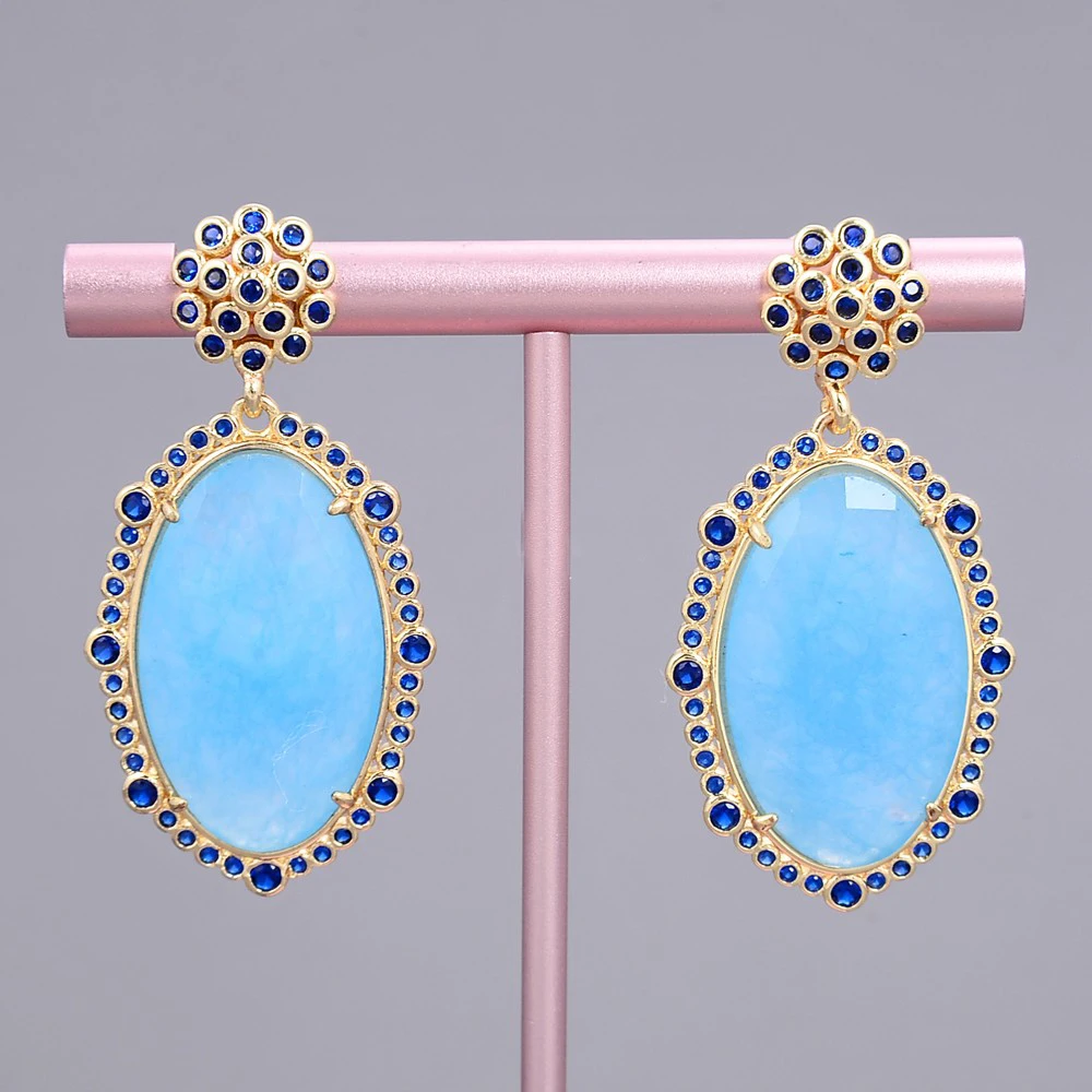 

22x33mm Faceted Oval Light Blue Jade Cz Pave stud Earrings
