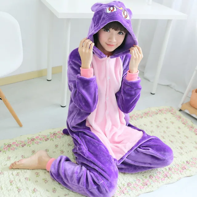 Purple Cat Кигуруми Единорог женские пижамы наборы зима с капюшоном животных комбинезоны костюм для тематической вечеринки пижамы Ночная рубашка пижамный комплект - Цвет: Purple Cat