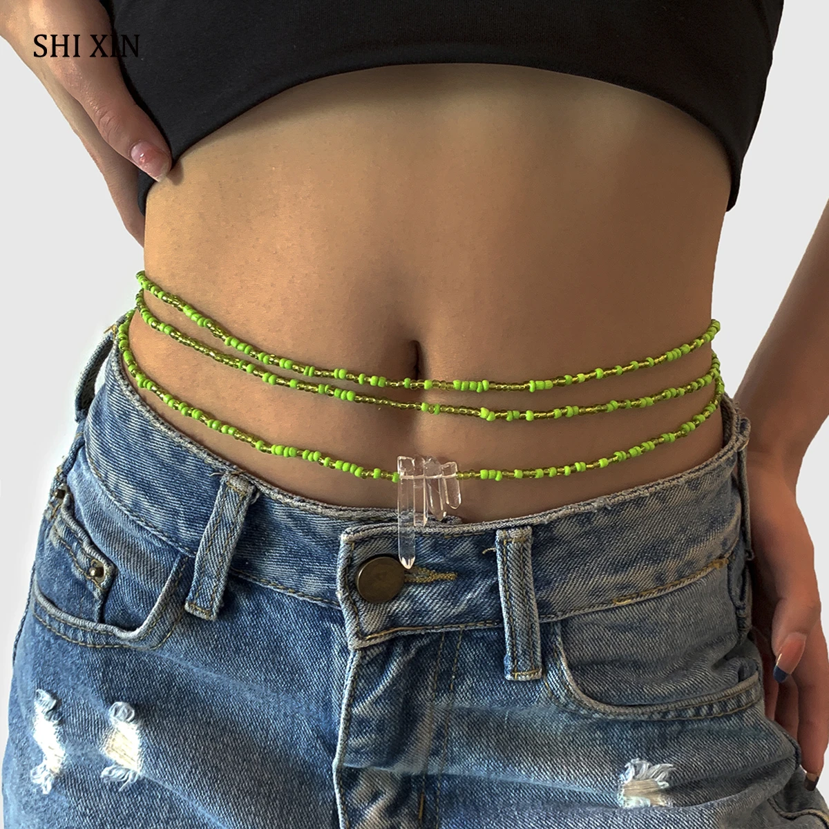 

SHIXIN 3 Pcs/Set Bohemian Multi Layered Waist Chains for Women Natural Stones Green/Red Beads Decor Waist Fashion Jewelry 2021