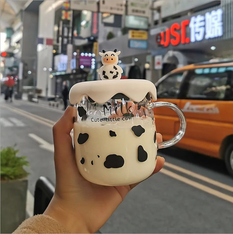 

Glass cup with lid high temperature resistant student Korean version cute transparent glass cup breakfast mug milk mug