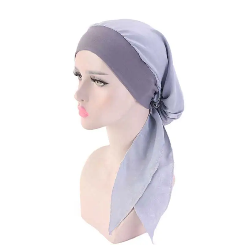 

Women Printed Silky Elastic Muslim Turban Hat Head Scarf Long Tail Muslim Hijabs Cancer Hair Loss Hats Bow Bonnet Wide Band Wrap