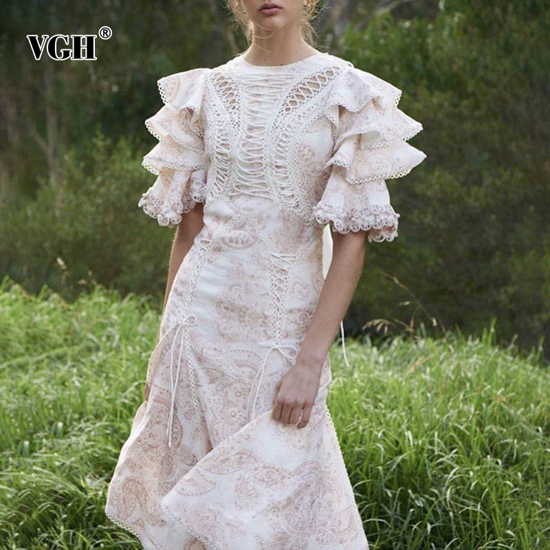 VGH элегантное платье с принтом для женщин круглым вырезом оборками рукавом