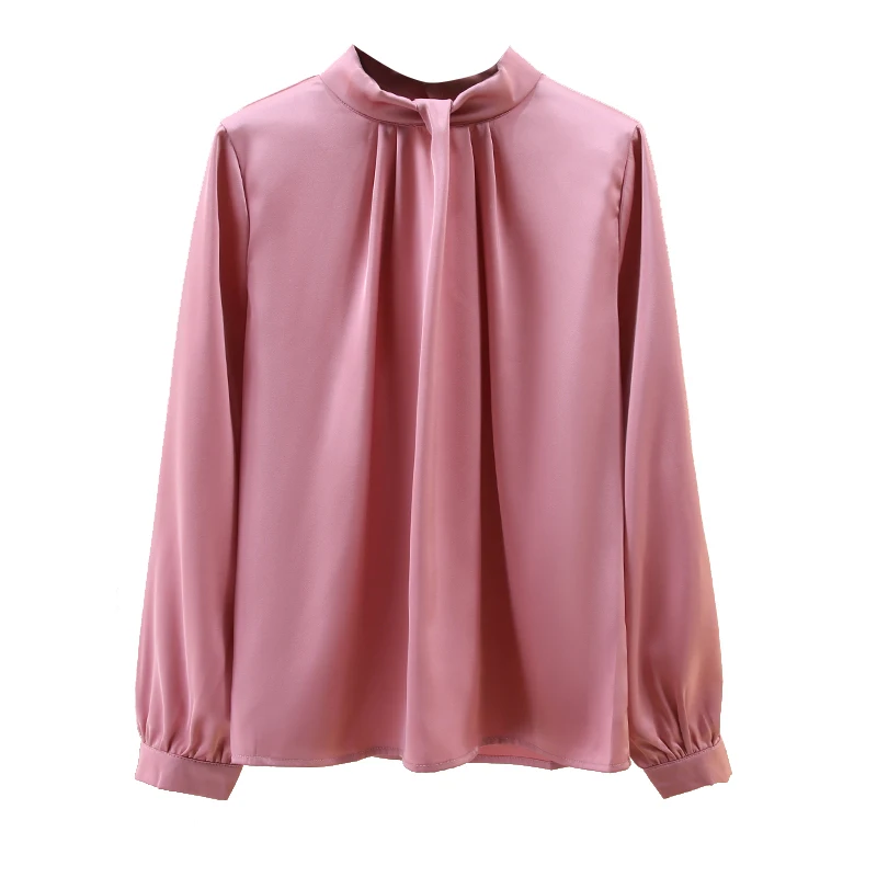 Elegant Pleated Stand Collar Blouse Women's Long Sleeve All-Match Solid Color Shirt Lady's Blusas Top 2021 Spring Female Clothes