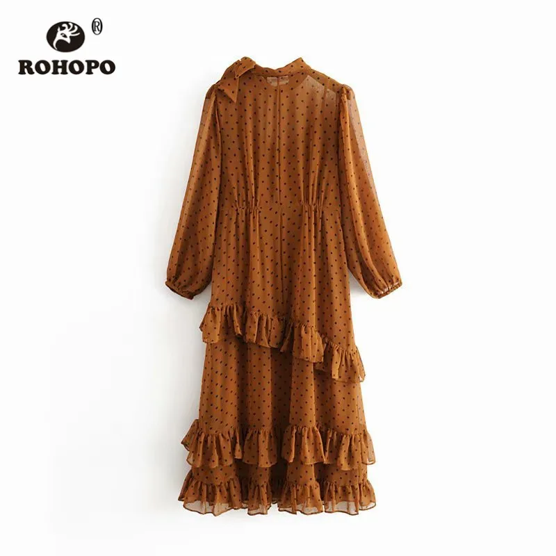 ROHOPO Bow Round Collar Long Sleeve Black Polk Dot Cascading Ruffled Yellow Midi Dress Tops Draped Pleated Hem Vestido #2356 | Женская