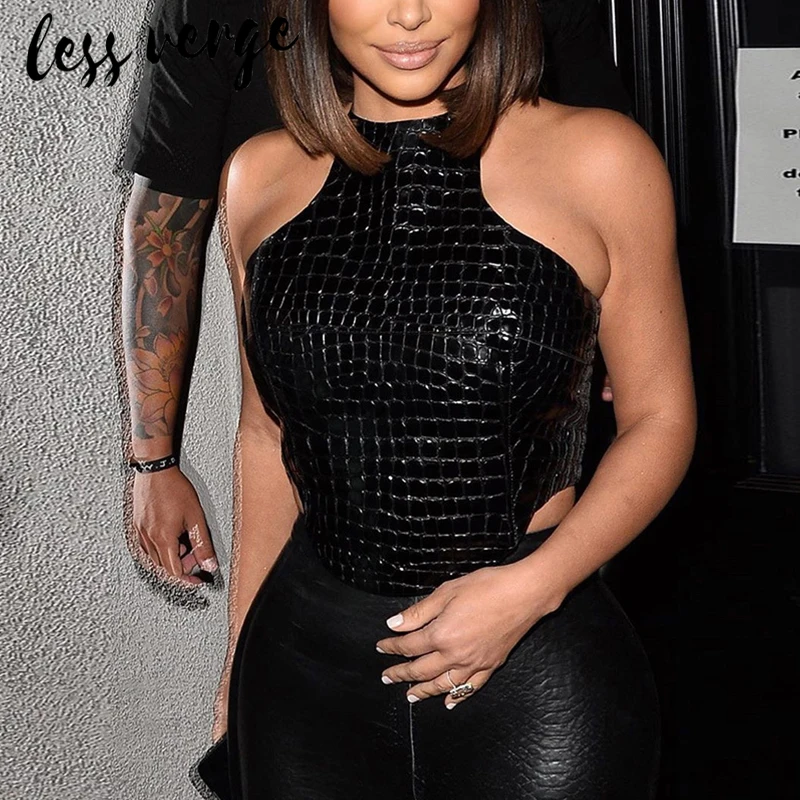 Женский укороченный топ из искусственной кожи со змеиным принтом Lessverge черный