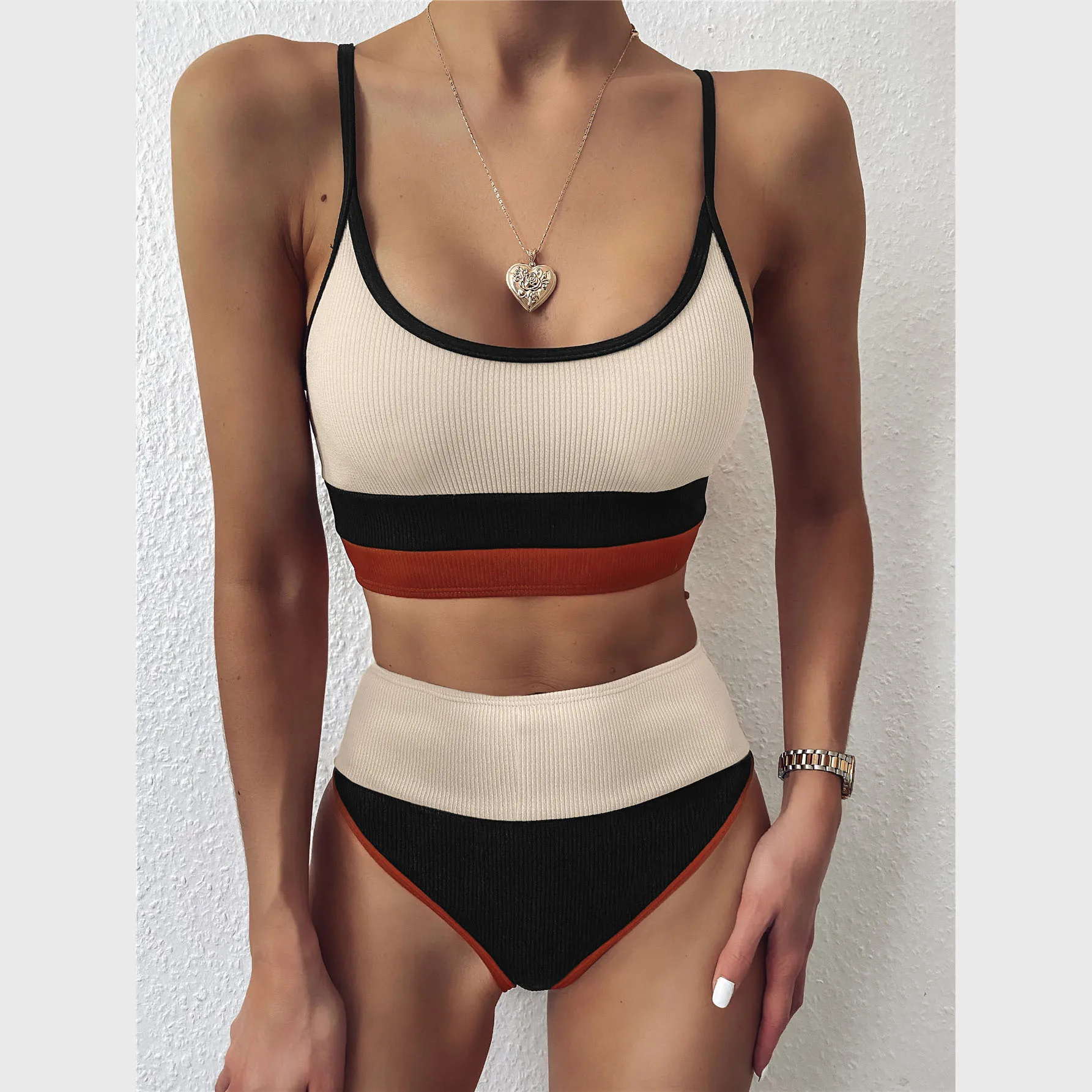 

2021 Women Swimsuit Stripe Stitching Sexy High Waist Bikini Separate Swimwear Beach Bathing Suits Push Up 2 Piece Sets Bikinis