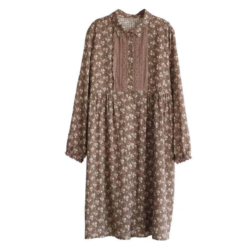 

Lamtrip Retro Chest Lace Patchwork Flowers Print Turn-Down Collar Single Breasted Dress Female