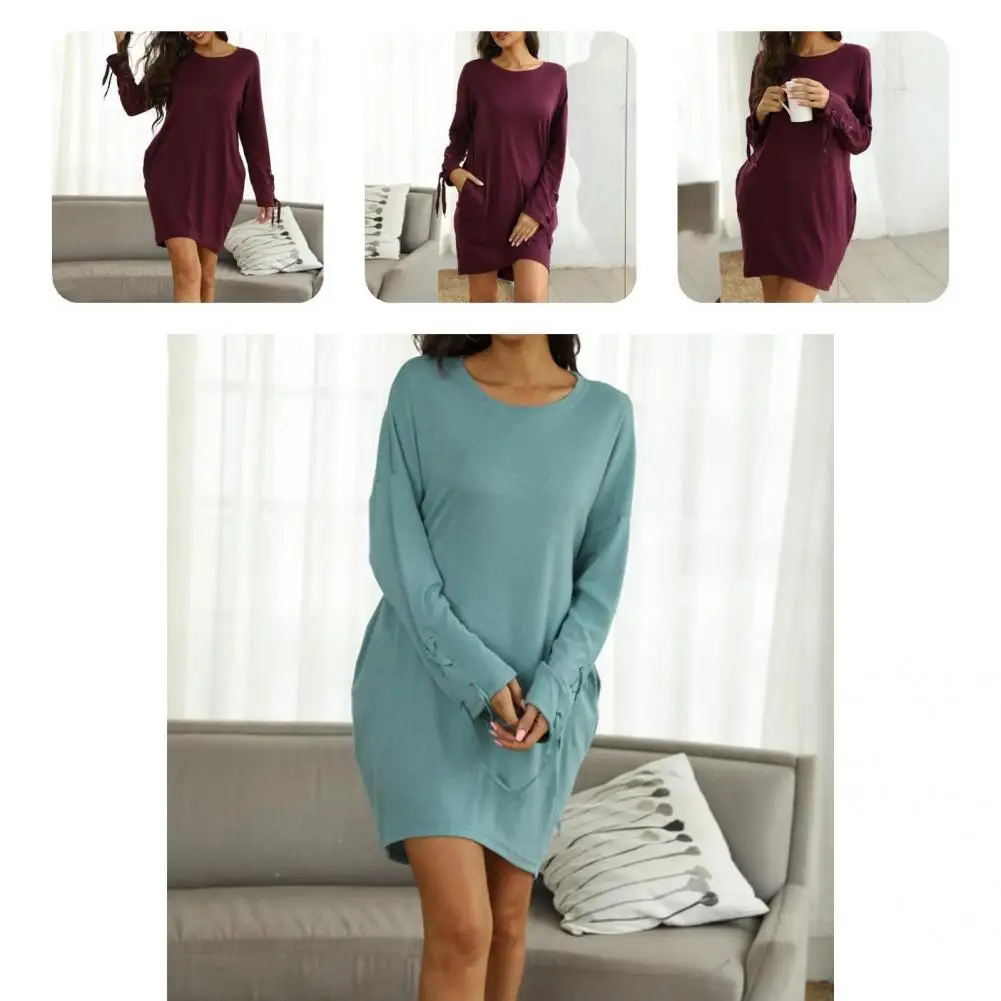 

Stylish Women Dress O Neck Pockets Simple Pure Color Asymmetrical Hem Dress