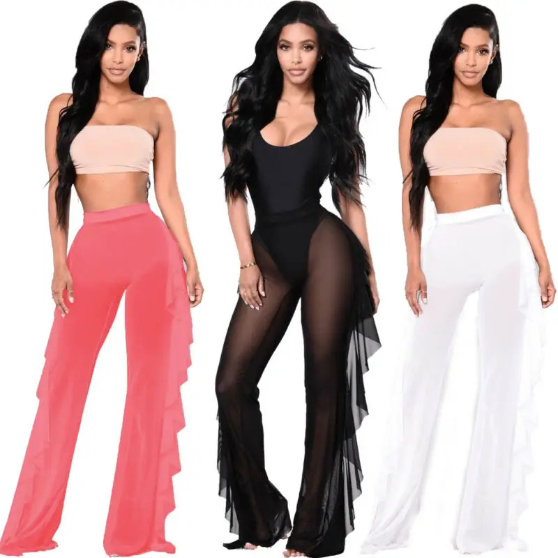 UK сексуальные женские пляжные сетчатые оборки прозрачные широкие брюки бикини