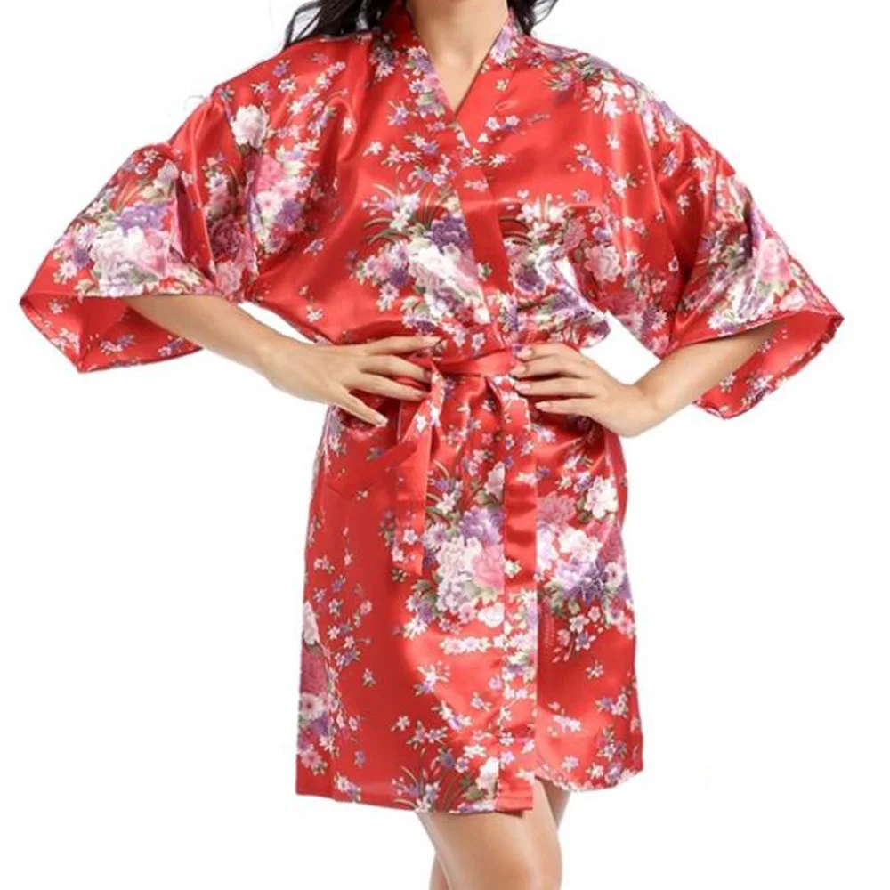 

Women Sakura Kimono Satin Sleep Dresses Nightgown Loungewear Floral Silk Robes Short-Sleeved Haori Women's Yukata Bathrobe