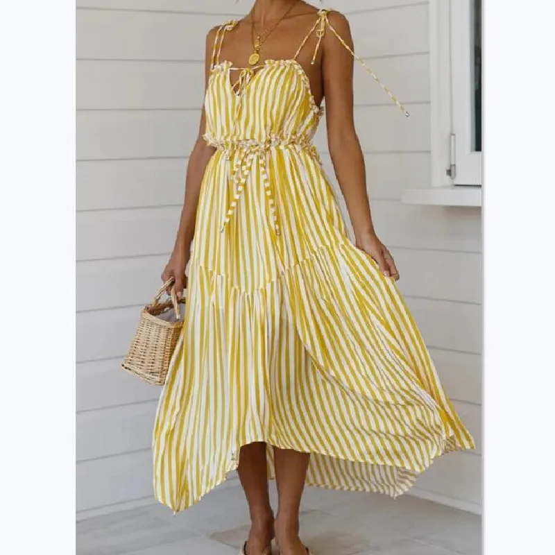 

new arrival vintage women striped maxi dress 2020 backless sexy spaghetti straps loose dress