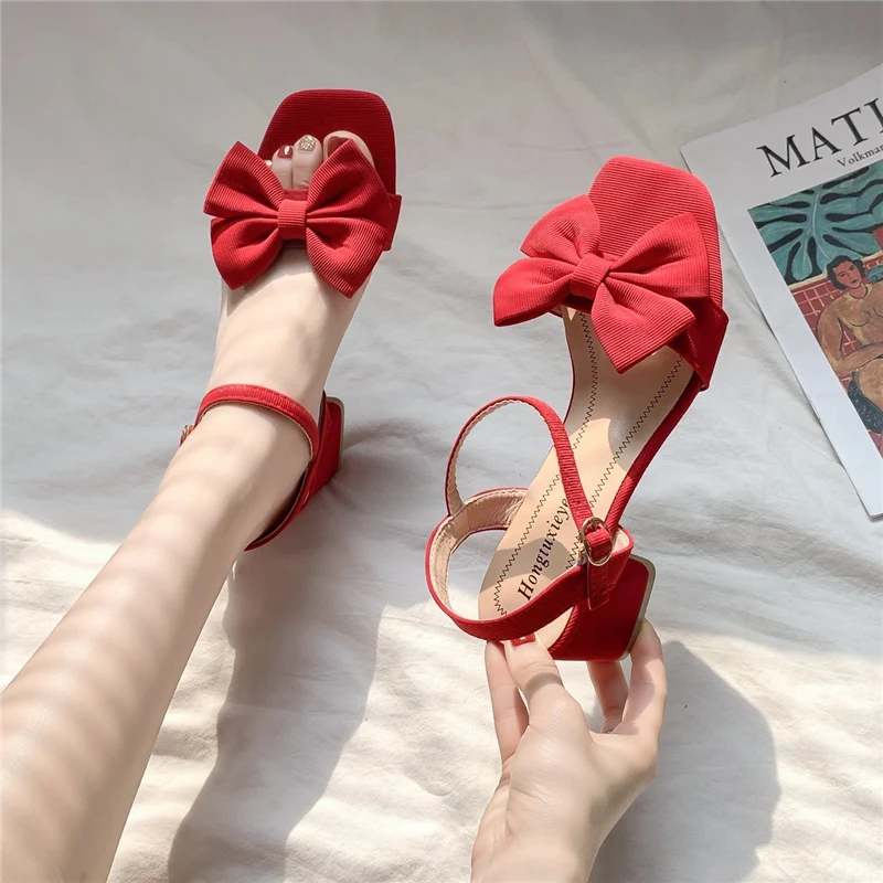 

All-Match 2021 Summer Female Sandal Sale Of Women's Shoes Block Heels Med Girls New Bow Chunky Beige Comfort Fashion Clear