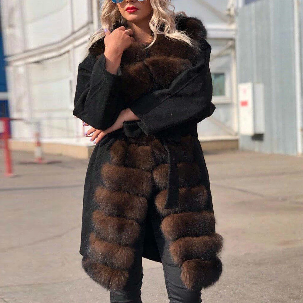 Women Wool Blends with Fox Fur Collar Warm Long Coat Winter New High Quality Real Fox Fur Cashmere Coat Outwear with Belt Slim