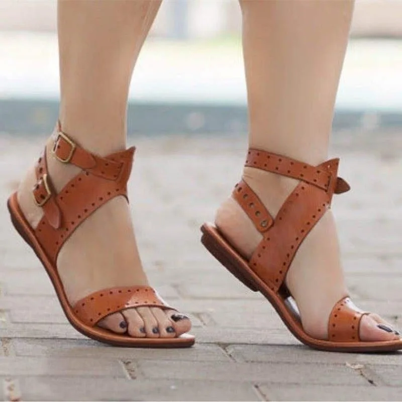 

Women Sandals Flat Gladiator Leather Sandals Summer Shoes Woman Rome Style Double Buckle Casual Beach Sandles Plus Size 35-43