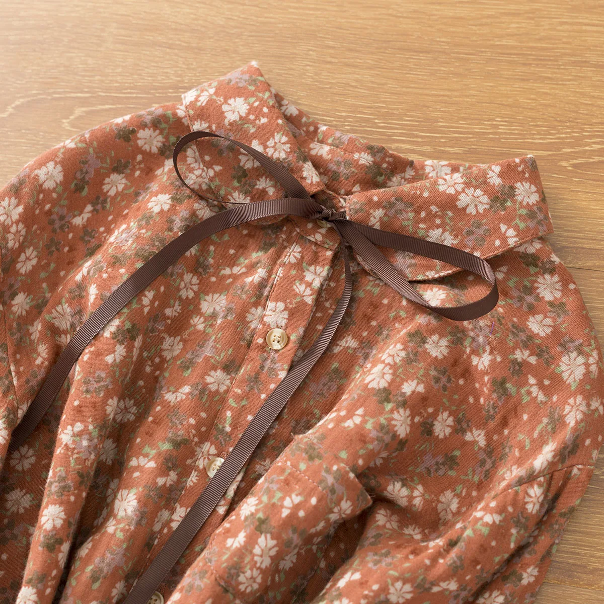 

Lamtrip 2021 Sales Promotion Double Layers Cotton Yarn Flowers Print Plaid Vintage Boutique Bow Sash Long Sleeve Shirt Blouse