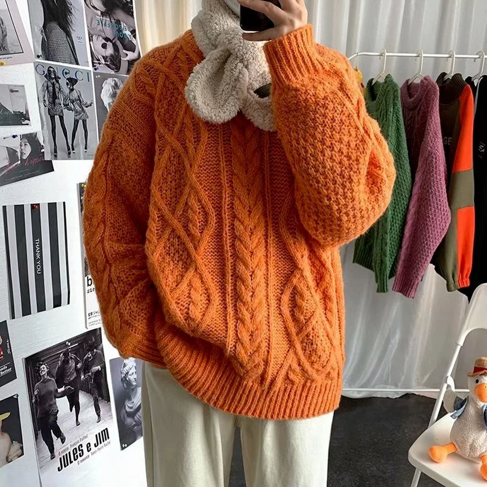 

Orange Sweater Men Winter Cable Knit Sweater Fisherman Sweater Korean Fashion Streetwear Clothes Men Casual Tops Pullovers