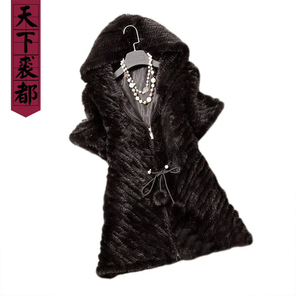 Шуба из натурального меха норки с коротким рукавом капюшоном и ремнем | Женская