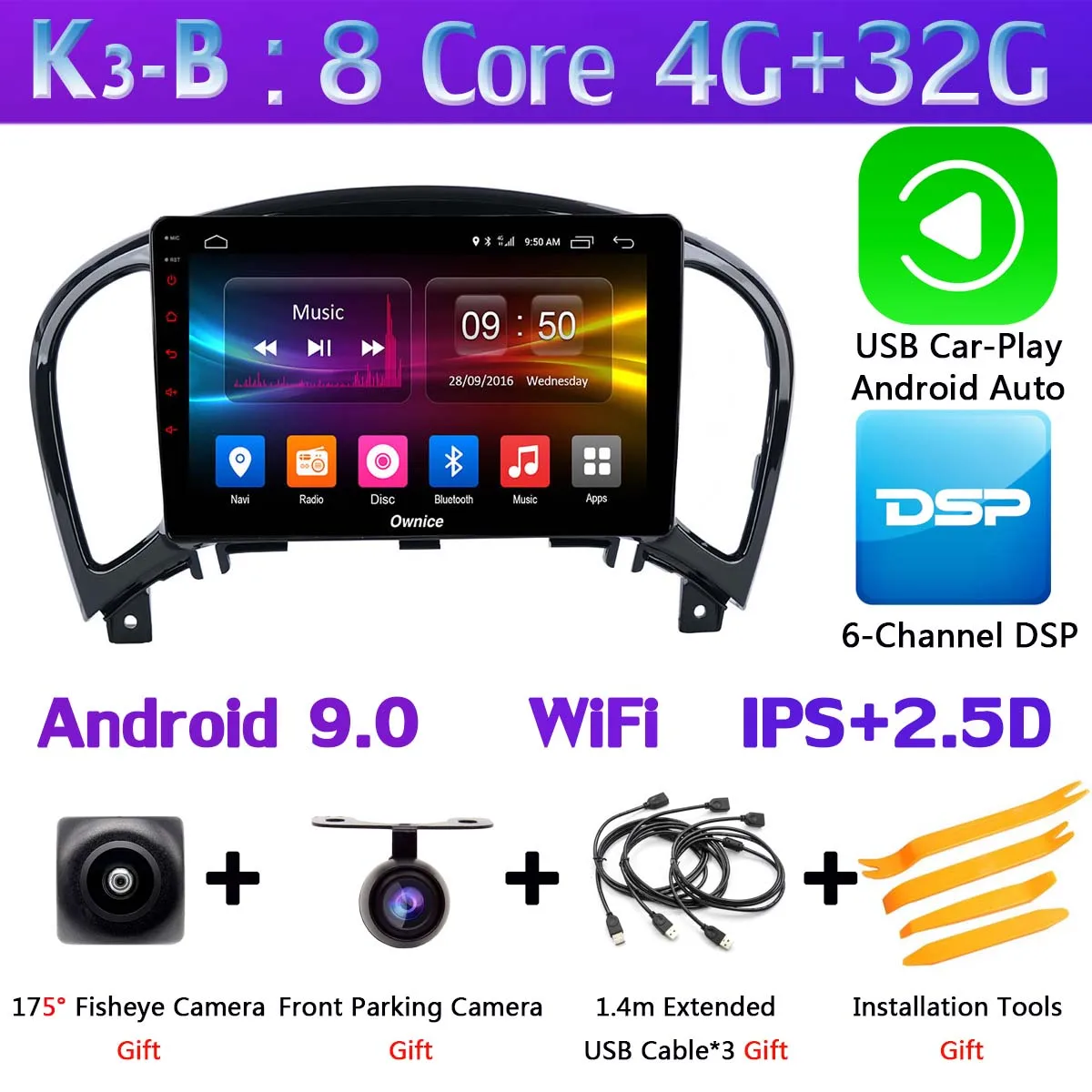 K3-B-CarPlay 360 ° панорамный Android 9,0 4G+ 64G gps радио CarPlay SPDIF DSP Автомобильный мультимедийный плеер для Nissan Juke YF15 Infiniti esq 2010 - Цвет: K3-B-CarPlay