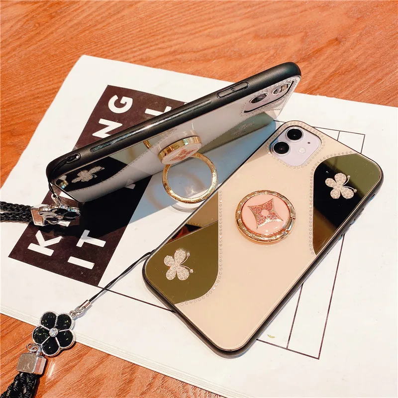 

Luxury Diamond Makeup Mirror Phone Case Flower Strap For iPhone 11 Pro Max XS XR X S 7 8 Plus Soft Cover With Ring Holder Stand