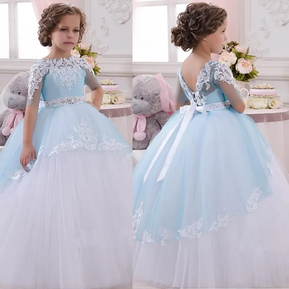 Небесно голубое Тюлевое детское платье принцессы с коротким рукавом платья для