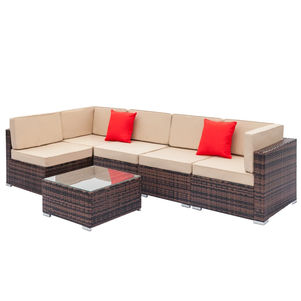 

【US Warehouse】Fully Equipped Weaving Rattan Sofa Set with 2 Corner Sofas & 3 Single Sofas & 1 Coffee Table Brown
