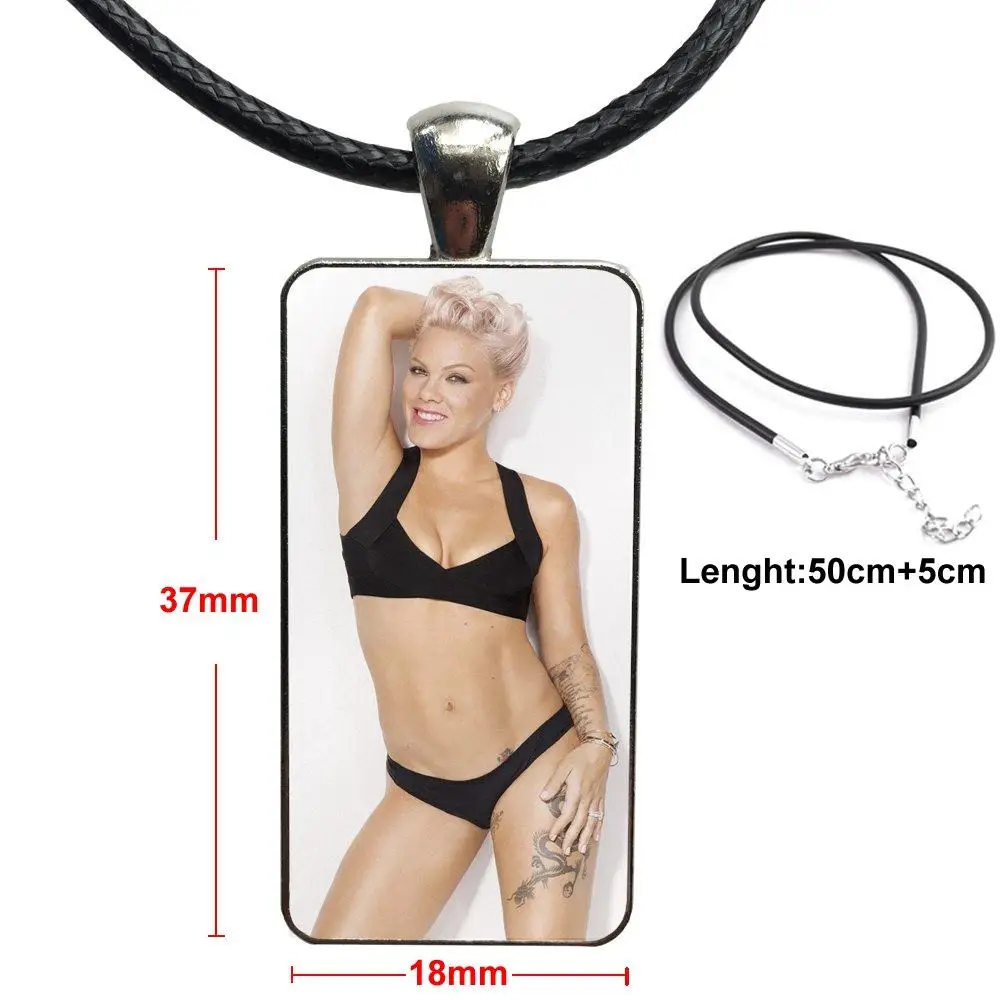 

Pink P!nk Hot Singer For Women Kids Necklace With Steel Plated Glass Cabochon Choker Long Pendant Rectangle Necklace