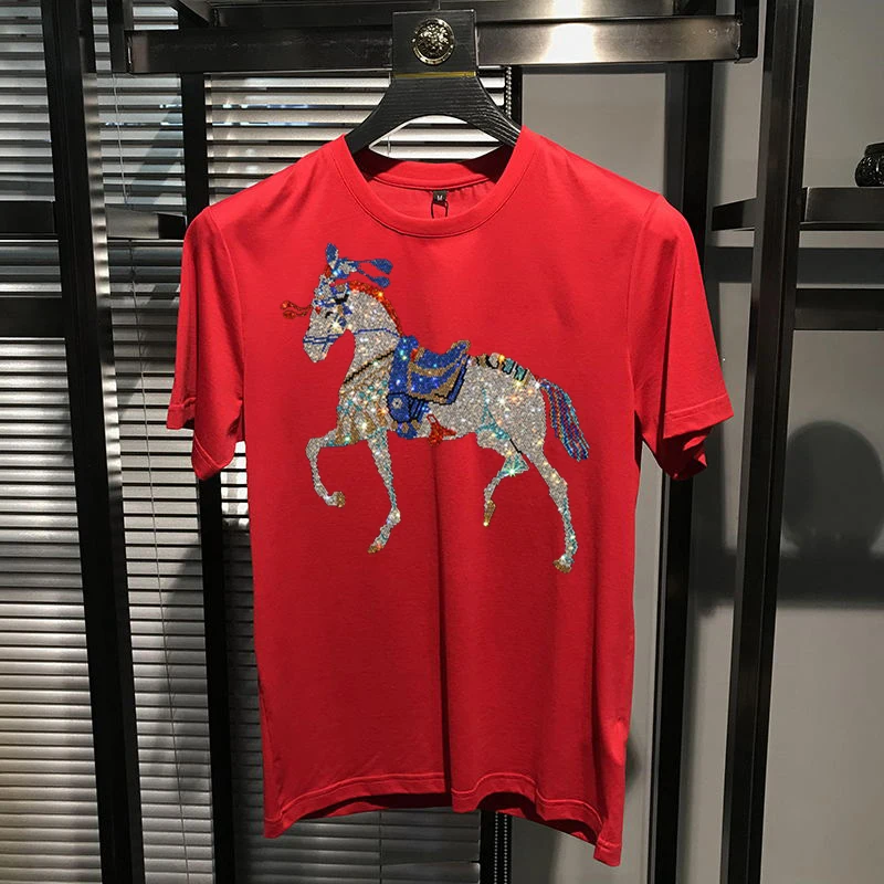 mens stock fashion anti wrinkle t shirt hot drilling oversized animal pattern brand new 4 colors short sleeve free global shipping