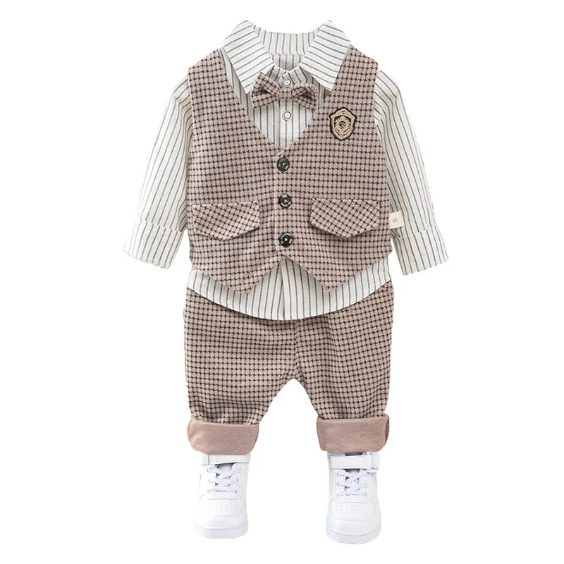 

Striped Shirt Plaid Vest + Pants 3Pcs Spring Autumn Long Sleeve Baby Boy Clothes Children's Outdoor Leisure Suit