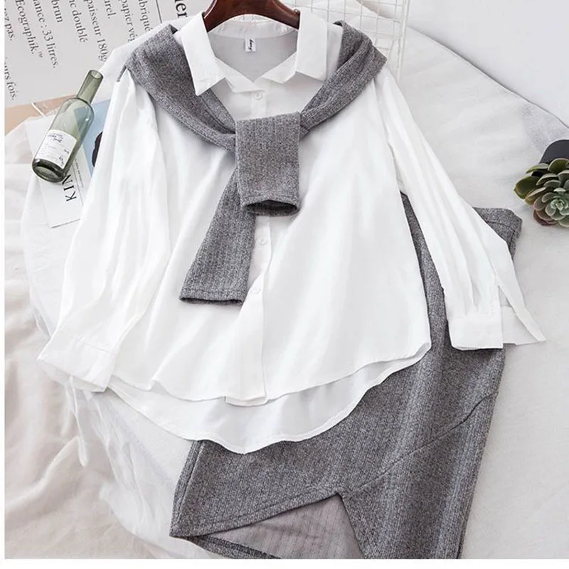 

Fashion Version Shirt Color Matching Fake Jackets Autumn 2 Piece Sets Womens Outfits Mid-length Skirt Lady Work Wear Dress Set