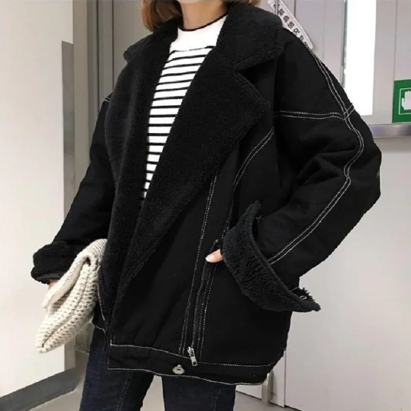 Korea new loose plus velvet thickening lamb fur coat female winter ins Harajuku vintage BF denim casual fashion women jacket