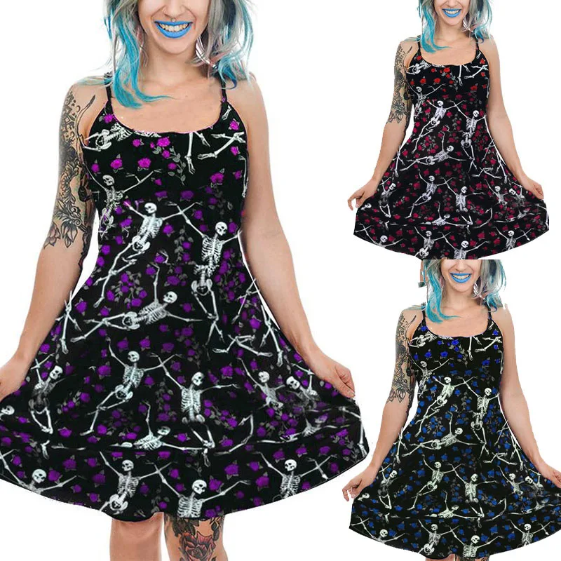 Размера плюс 5XL страшный Скелет на Хэллоуин Череп с принтом роз Платье бретелях