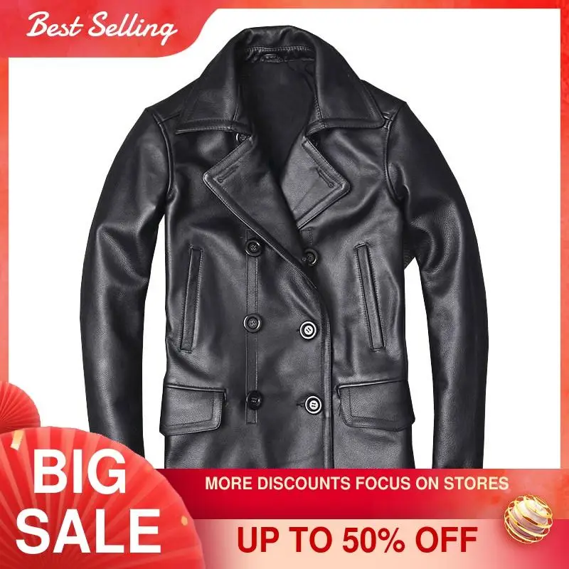 

2021 Black Long Casual Style Genuine Leather Jacket Men Double Breasted Large Size 5XL Real Natural Cowhide Autumn Pea Coat
