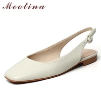 meotina genuine leather women slingback shoes patent leather square toe flat shoes buckle causal ladies footwear autumn beige