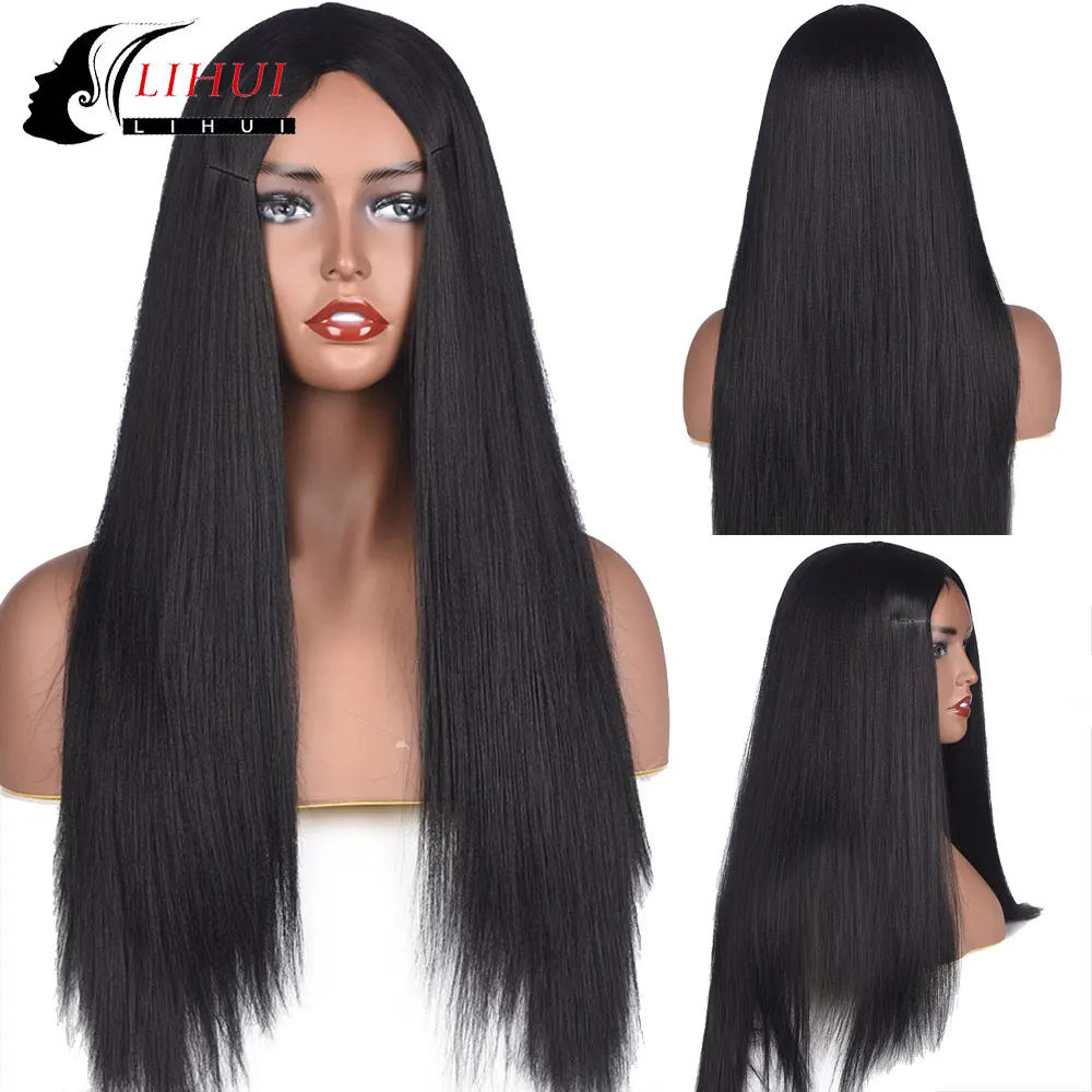 

LIHUI Long Black Synthetic Wig Brazilian Natural Fluff Yaki Straight Wig 24inches Perruque Afro Hair Wigs For Women