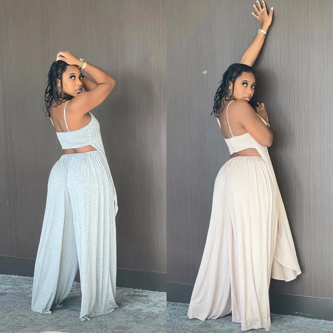 

Casual 2 Piece Set African Women Clothes Irregular Sling Tops Wide Leg Pants Set Summer Ladies Two Piece Set