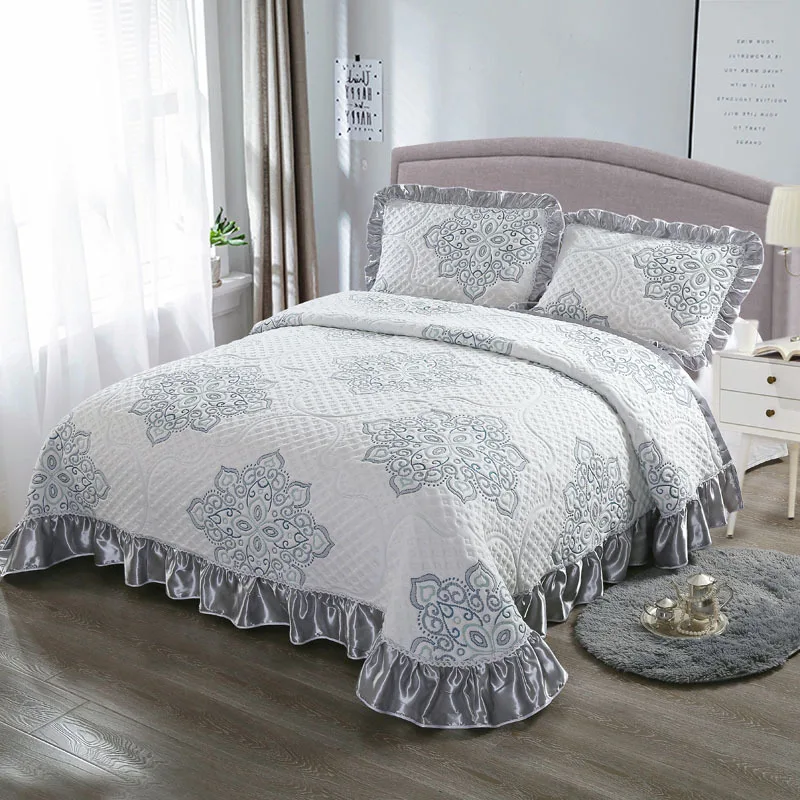 

3Pcs 100%Cotton Quilted Soft Bedspread Bed cover Grey Bed spread set Queen King size Bed set Comforter Blanket Pillowcases