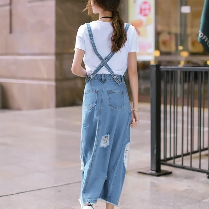 Летние Асимметричные рваные женские джинсовые платья на подтяжках с высокой