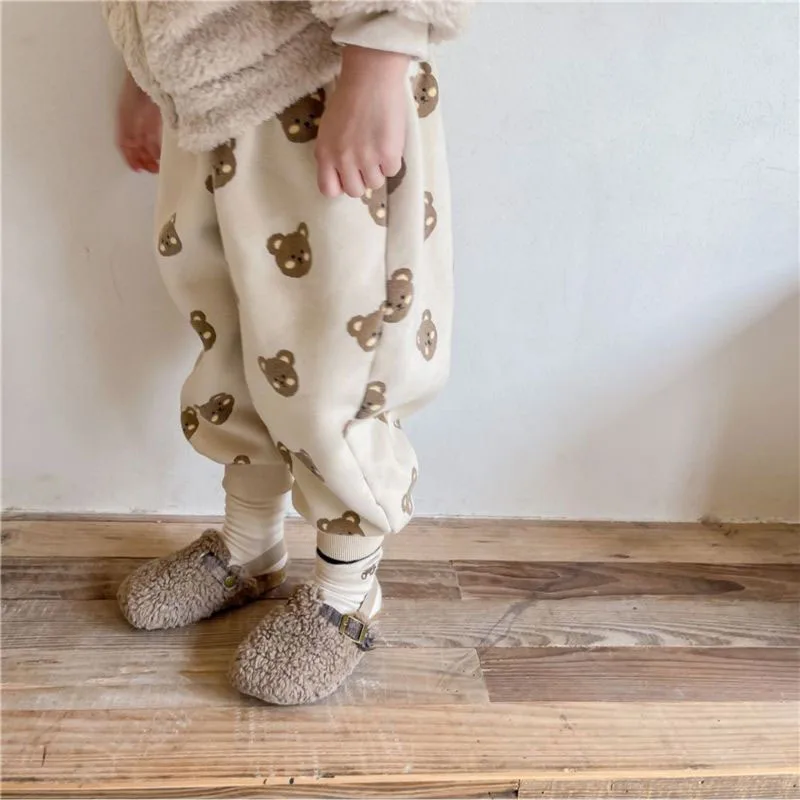 Pantalones bombachos con estampado de oso para ni&ntilde;os y ni&ntilde;as, calzas informales c&aacute;lidas de forro polar, ropa holgada de dibujos animados, novedad de invierno, 2021-2