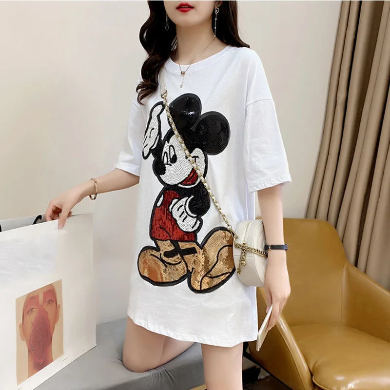 

Disney Mickey Mouse T Shirt Tops Women Mid-length Sequins Embroidery T-shirt Summer Korean Cartoon Loose Tee Top Women