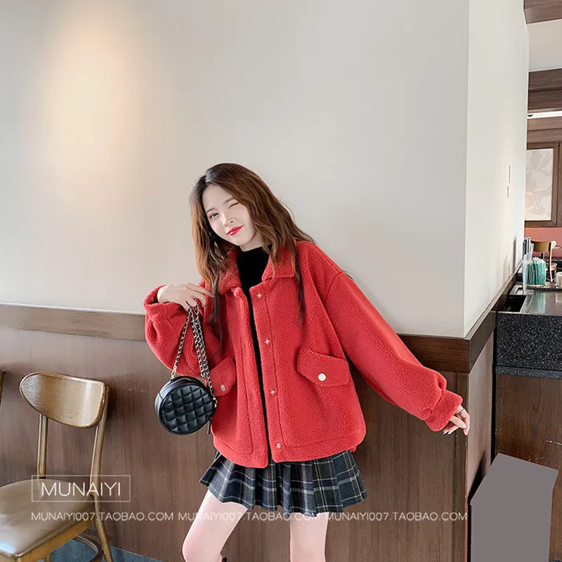 

2020 Autumn Soring Women Coat Soild Color Cardigan Long Sleeve Fashion Female Casual Designed Faux Lamb Wool Coat Korean Style