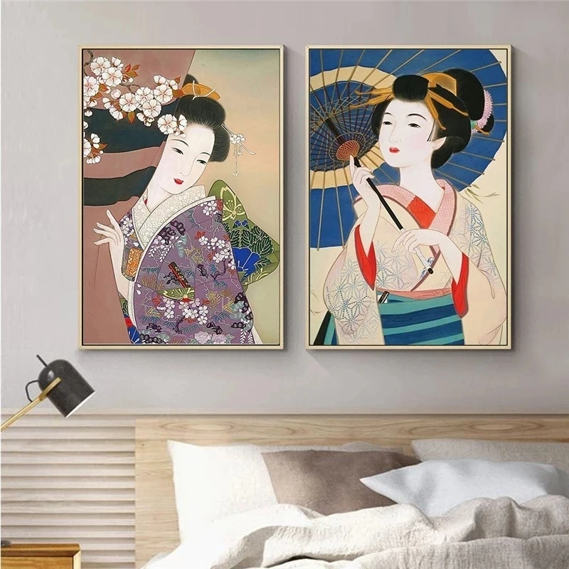 

Japanese Geisha Vintage Kimono Woman Canvas Painting Nordic Posters Prints Wall Art Pictures for Living Room Home Decor Cuadros