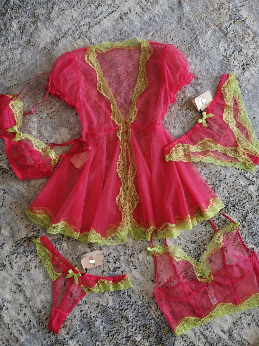 Free shipping AP heidi Agent babydoll and brief set coral/lime Sexy Lingerie thong SIZE 2-4 CAMI
