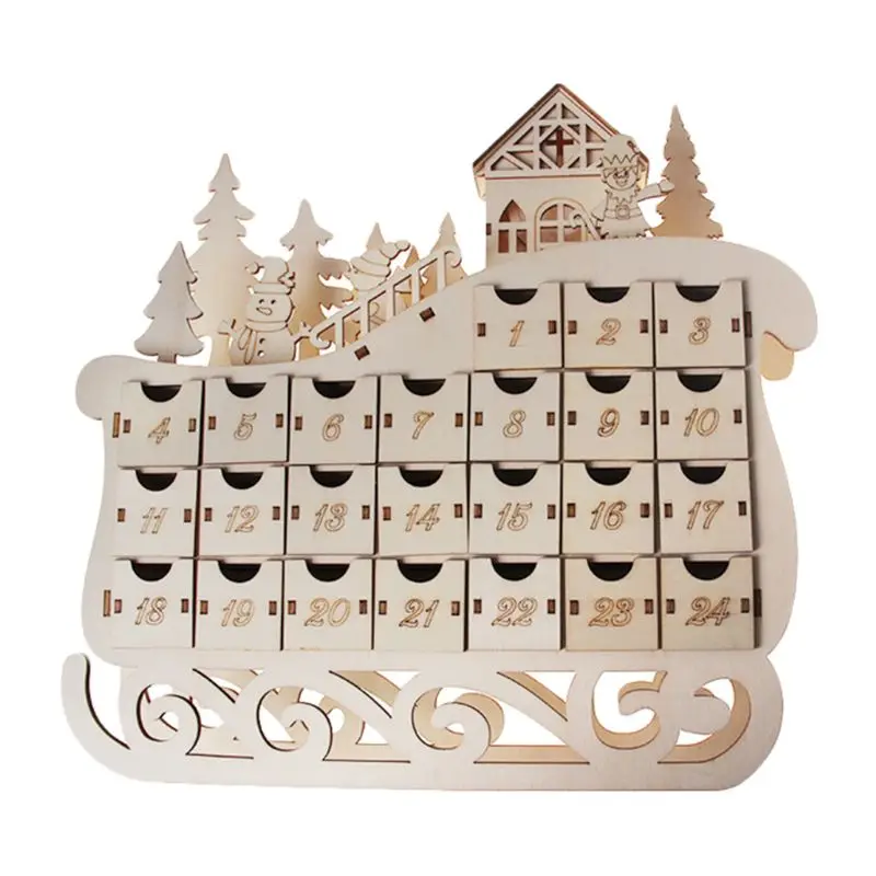 

Sleigh Wooden Advent Calendar Countdown Christmas Party Decor 24 Drawers with LED Light